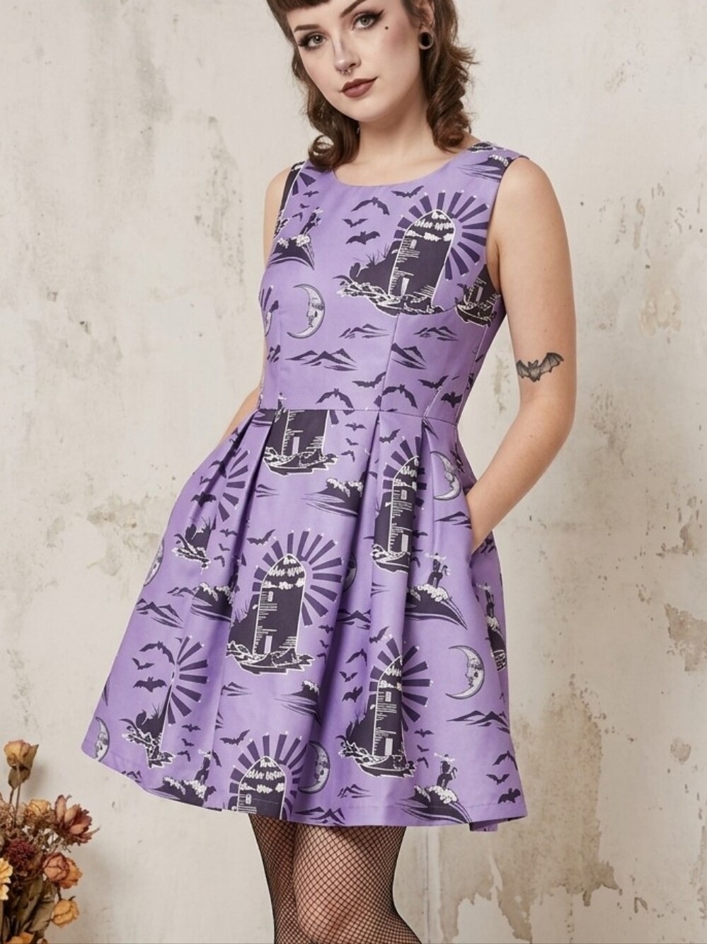 Halloween Purple Pinup Fit & Flare Dress Retro Spooky Bat Moon Print 36" Long M